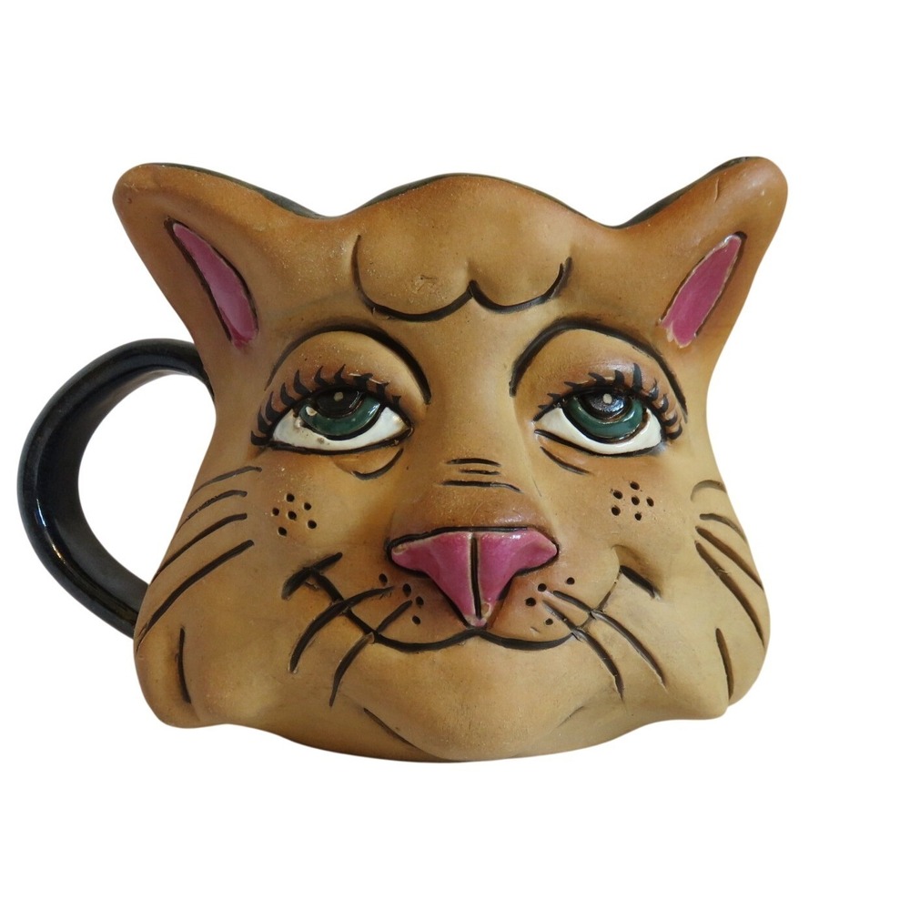 Vintage Always Azul Pottery Cat Face‎ Mug Handcrafted Studio Ceramic 16oz
